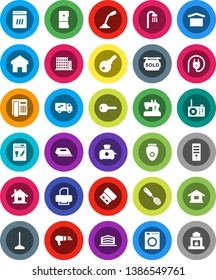 White Solid Icon Set- mop vector, skimmer, dry cargo, home, house, sold signboard, apartments, office building, key, bath, relocation truck, password, power plug, iron, washer, dishwasher, fridge
