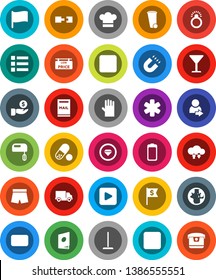 White Solid Icon Set- mop vector, trash bin, rubber glove, cook hat, magnet, world, flag, investment, dollar, shorts, pills, delivery, glass, battery, mail, play button, pause, rec, ambulance star