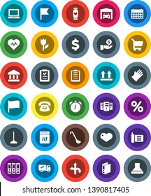 White Solid Icon Set- mop vector, rubber glove, ladle, notebook pc, alarm clock, flag, bank, investment, binder, dollar sign, heart pulse, monitor, calendar, route, phone, clipboard, top, tulip