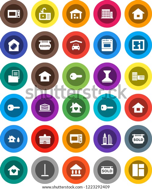 White Solid Icon Set- mop vector, car fetlock,\
sink, microwave oven, university, school building, warehouse, key,\
house, chalet, garage, plan, estate document, rooms signboard,\
sold, apartments