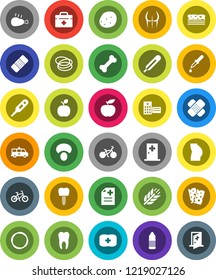 White Solid Icon Set- mushroom vector, potato, chicken leg, apple fruit, diet, bike, buttocks, water bottle, cereals, breads, first aid kit, bone, hoop, doctor bag, thermometer, dropper, patch