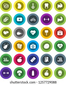 White Solid Icon Set- mushroom vector, potato, chicken leg, apple fruit, diet, barbell, heart pulse, bike, muscule hand, buttocks, water bottle, cereals, breads, pool, first aid kit, hoop, patch