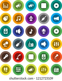 White Solid Icon Set- music vector, disk, microphone, speaker, loudspeaker, settings, equalizer, forward button, backward, rca, jack, radio
