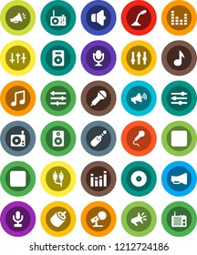 White Solid Icon Set- music vector, disk, microphone, radio, speaker, loudspeaker, settings, equalizer, forward button, backward, rca, jack