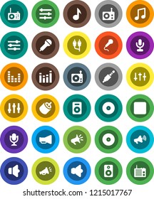 White Solid Icon Set- music vector, disk, microphone, radio, speaker, loudspeaker, settings, equalizer, forward button, rca, jack