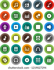 White Solid Icon Set- music vector, disk, hit, microphone, radio, speaker, equalizer, headphones, play button, forward, backward, rec, jack