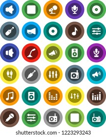 White Solid Icon Set- music vector, disk, microphone, radio, speaker, loudspeaker, settings, equalizer, forward button, backward, rca, jack