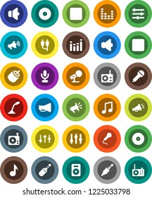 White Solid Icon Set- music vector, disk, microphone, radio, speaker, loudspeaker, settings, equalizer, forward button, backward, rca, jack