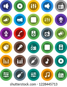 White Solid Icon Set- music vector, disk, microphone, radio, speaker, loudspeaker, settings, equalizer, forward button, backward, rca, jack