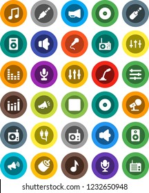 White Solid Icon Set- music vector, disk, microphone, radio, speaker, loudspeaker, settings, equalizer, backward button, rca, jack