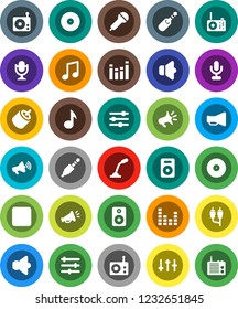 White Solid Icon Set- music vector, disk, microphone, radio, speaker, loudspeaker, settings, equalizer, backward button, rca, jack