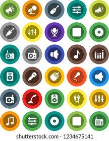 White Solid Icon Set- music vector, disk, microphone, radio, speaker, settings, equalizer, forward button, backward, rca, jack, loudspeaker