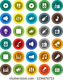 White Solid Icon Set- music vector, disk, microphone, radio, speaker, loudspeaker, settings, equalizer, forward button, backward, rca, jack
