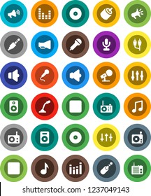 White Solid Icon Set- music vector, disk, microphone, radio, speaker, loudspeaker, settings, equalizer, forward button, backward, rca, jack