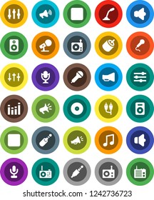 White Solid Icon Set- music vector, disk, microphone, radio, speaker, loudspeaker, settings, equalizer, forward button, backward, rca, jack