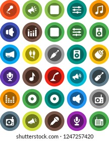 White Solid Icon Set- music vector, disk, microphone, radio, speaker, loudspeaker, equalizer, forward button, backward, rca, jack