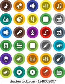 White Solid Icon Set- music vector, disk, microphone, radio, speaker, loudspeaker, settings, equalizer, forward button, backward, rca, jack