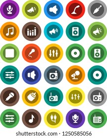 White Solid Icon Set- music vector, disk, microphone, radio, speaker, loudspeaker, settings, equalizer, backward button, rca, jack