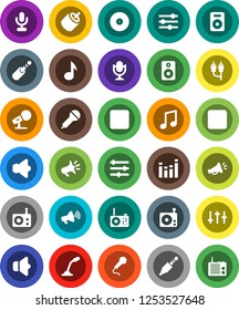 White Solid Icon Set- music vector, disk, microphone, radio, speaker, loudspeaker, settings, equalizer, forward button, backward, rca, jack