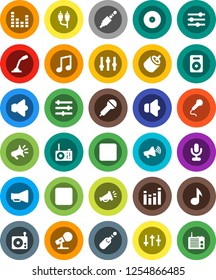 White Solid Icon Set- music vector, disk, microphone, radio, speaker, loudspeaker, settings, equalizer, forward button, backward, rca, jack
