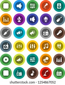 White Solid Icon Set- music vector, disk, microphone, radio, speaker, loudspeaker, settings, equalizer, forward button, backward, rca, jack