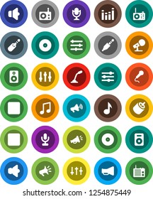 White Solid Icon Set- music vector, disk, microphone, radio, speaker, loudspeaker, settings, equalizer, forward button, backward, rca, jack