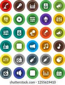 White Solid Icon Set- music vector, disk, microphone, radio, speaker, loudspeaker, settings, equalizer, forward button, backward, rca, jack