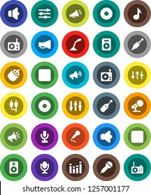 White Solid Icon Set- music vector, disk, microphone, radio, speaker, loudspeaker, settings, equalizer, forward button, backward, rca, jack