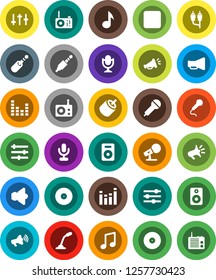 White Solid Icon Set- music vector, disk, microphone, radio, speaker, loudspeaker, settings, equalizer, backward button, rca, jack