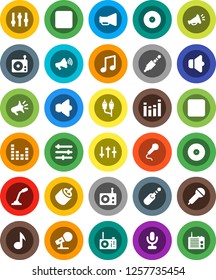 White Solid Icon Set- music vector, disk, microphone, radio, speaker, loudspeaker, settings, equalizer, forward button, backward, rca, jack