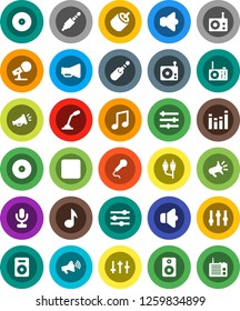 White Solid Icon Set- music vector, disk, microphone, radio, speaker, loudspeaker, settings, equalizer, backward button, rca, jack