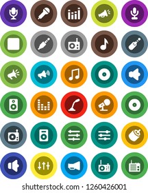 White Solid Icon Set- music vector, disk, microphone, radio, speaker, loudspeaker, settings, equalizer, backward button, rca, jack
