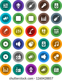 White Solid Icon Set- music vector, disk, microphone, radio, speaker, loudspeaker, settings, equalizer, forward button, backward, rca, jack