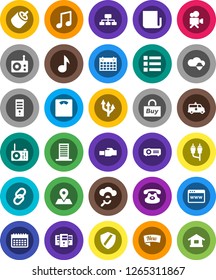 White Solid Icon Set- music vector, hierarchy, scales, calendar, map pin, radio, newspaper, video camera, classic phone, link, rca, amkbulance car, cloud glass, shield, server, browser, route arrow