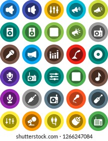 White Solid Icon Set- music vector, disk, microphone, radio, speaker, loudspeaker, settings, equalizer, forward button, backward, rca, jack