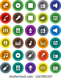 White Solid Icon Set- music vector, disk, microphone, radio, speaker, settings, equalizer, forward button, backward, rca, jack, loudspeaker