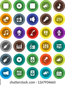 White Solid Icon Set- music vector, disk, microphone, radio, speaker, loudspeaker, settings, equalizer, forward button, backward, rca, jack