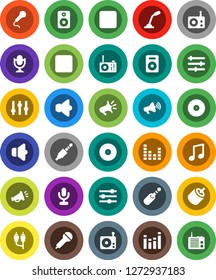White Solid Icon Set- music vector, disk, microphone, radio, speaker, loudspeaker, settings, equalizer, forward button, backward, rca, jack