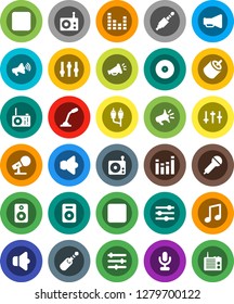 White Solid Icon Set- music vector, disk, microphone, radio, speaker, loudspeaker, settings, equalizer, forward button, backward, rca, jack