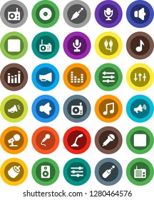 White Solid Icon Set- music vector, disk, microphone, radio, speaker, loudspeaker, settings, equalizer, forward button, backward, rca, jack