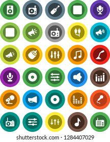 White Solid Icon Set- music vector, disk, microphone, radio, speaker, loudspeaker, settings, equalizer, forward button, backward, rca, jack