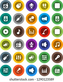 White Solid Icon Set- music vector, disk, microphone, radio, speaker, loudspeaker, settings, equalizer, forward button, backward, rca, jack