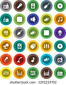 White Solid Icon Set- music vector, disk, microphone, radio, speaker, loudspeaker, settings, equalizer, forward button, backward, rca, jack