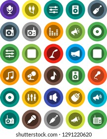 White Solid Icon Set- music vector, disk, microphone, radio, speaker, loudspeaker, settings, equalizer, forward button, backward, rca, jack