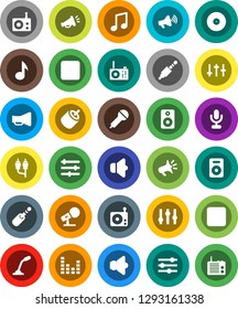 White Solid Icon Set- music vector, disk, microphone, radio, speaker, loudspeaker, settings, equalizer, forward button, backward, rca, jack