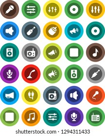 White Solid Icon Set- music vector, disk, microphone, radio, speaker, loudspeaker, settings, forward button, backward, rca, jack, equalizer