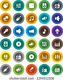 White Solid Icon Set- music vector, disk, microphone, radio, speaker, loudspeaker, settings, equalizer, backward button, rca, jack
