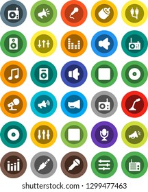 White Solid Icon Set- music vector, disk, microphone, radio, speaker, loudspeaker, settings, equalizer, forward button, backward, rca, jack