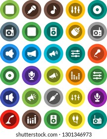 White Solid Icon Set- music vector, disk, microphone, radio, speaker, loudspeaker, settings, equalizer, forward button, backward, rca, jack