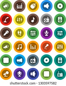White Solid Icon Set- music vector, disk, microphone, radio, speaker, loudspeaker, settings, equalizer, forward button, backward, rca